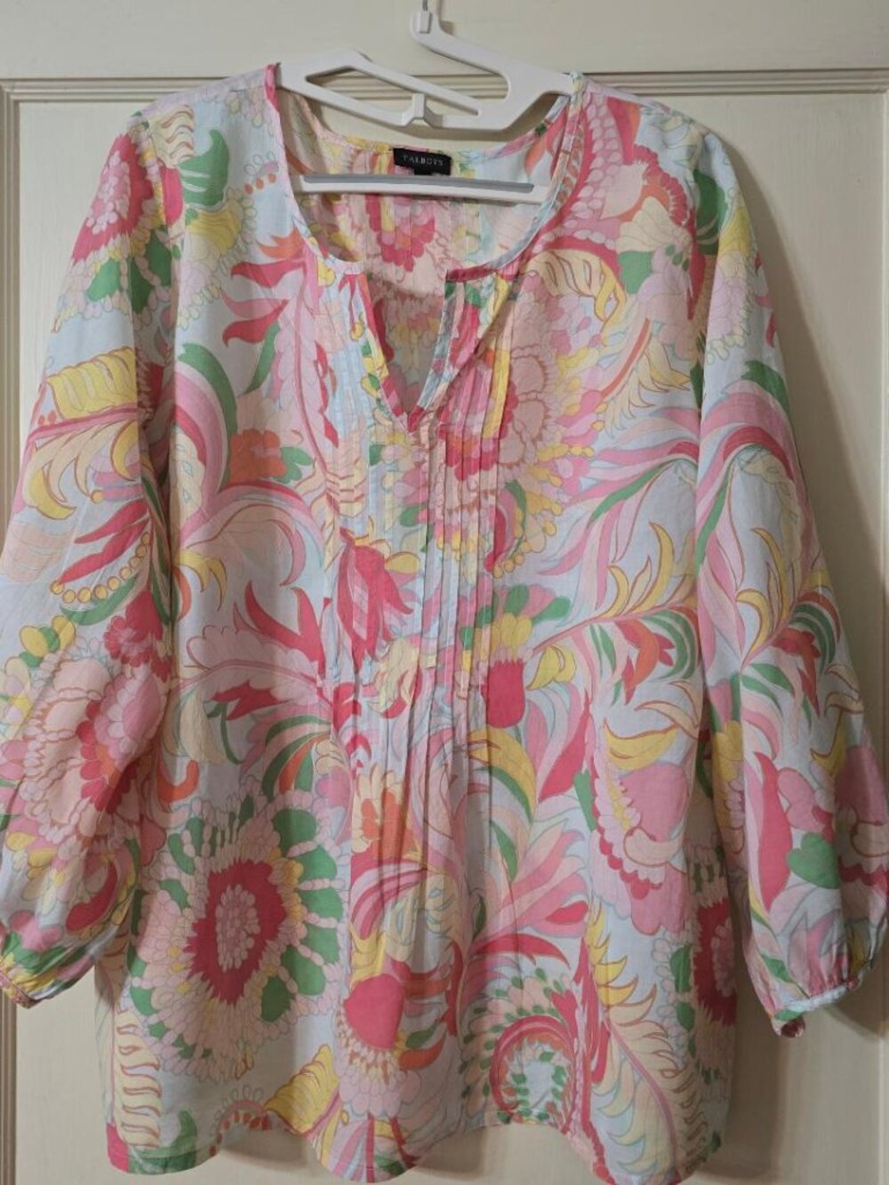 L Talbots Top/Blouse Long Sleeve Split Neck Pastel Pink Yellow Green 100% Cotton